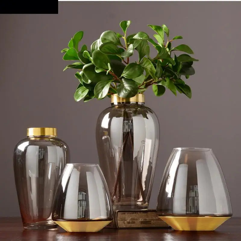 modern glass vase with metal base for floral decoration