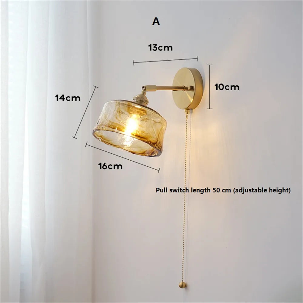 Retro rotating wall light in glass and copper with switch