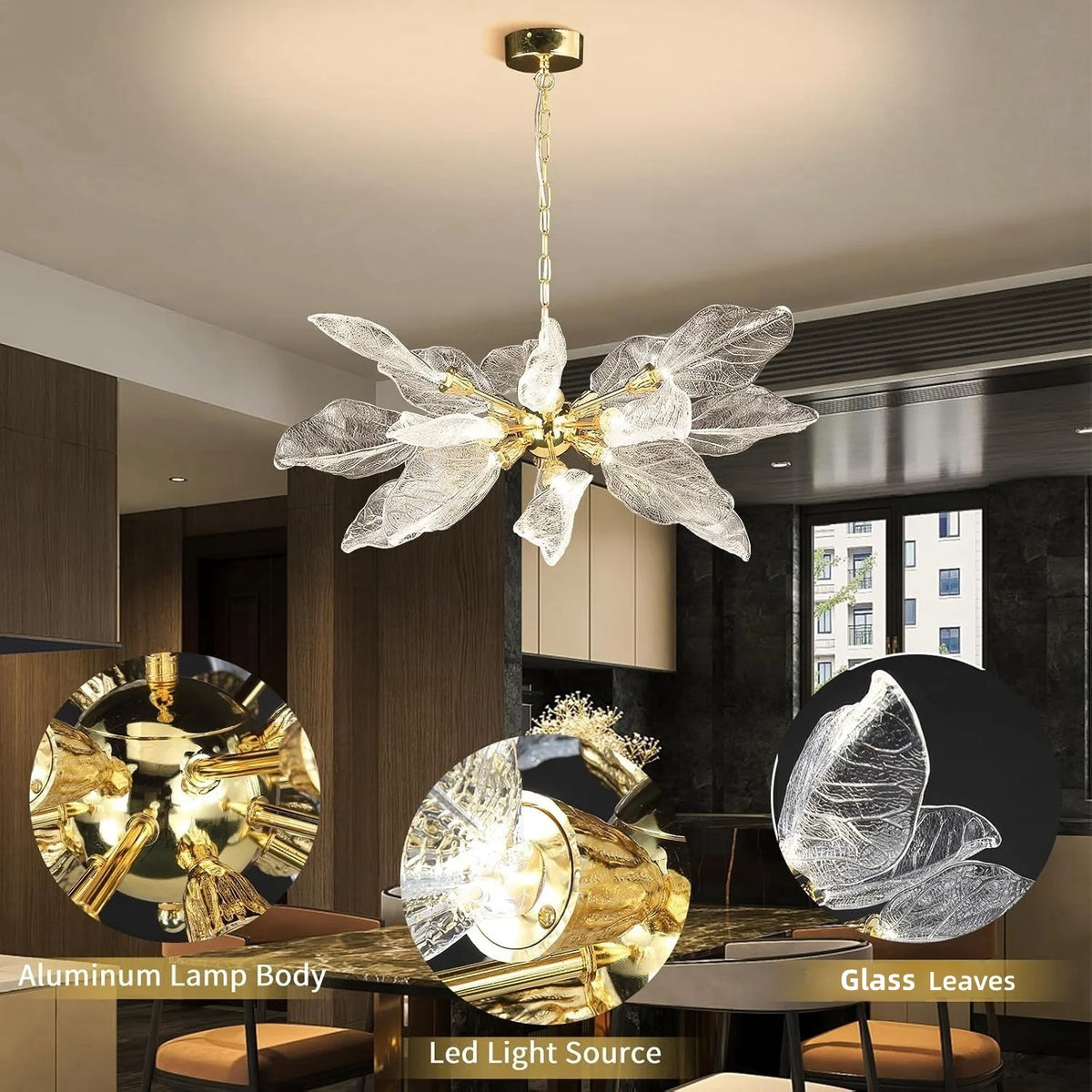 lustre moderne en métal avec design élégant et feuilles décoratives - vue 3 sur 14