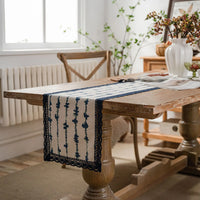 Navy blue countryside table runner with white lace