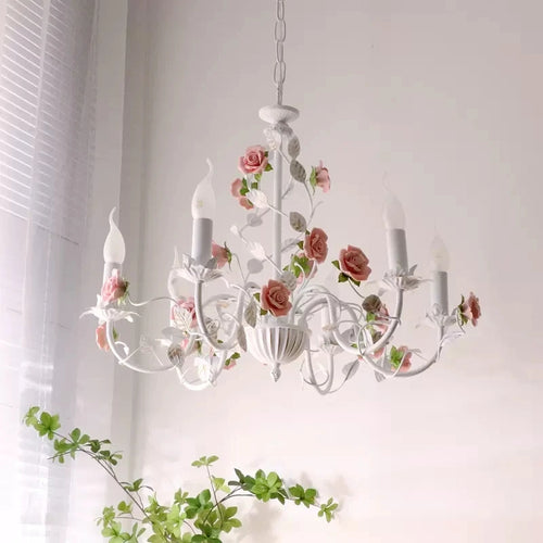 Wrought iron chandelier with romantic rose floral decoration - vue 3 sur 11