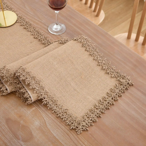 Beige boho rustic macramé table runner with fringe