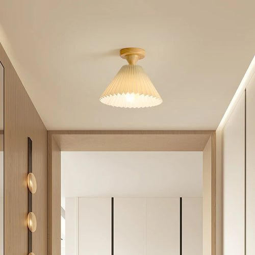 Modern LED ceiling light with wood and pleated fabric - vue 2 sur 11
