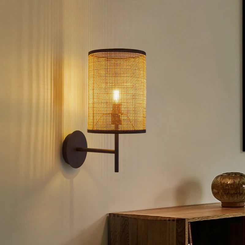 Japanese wabi sabi style vintage handmade rattan wall light for bedroom, bedside and living room decor