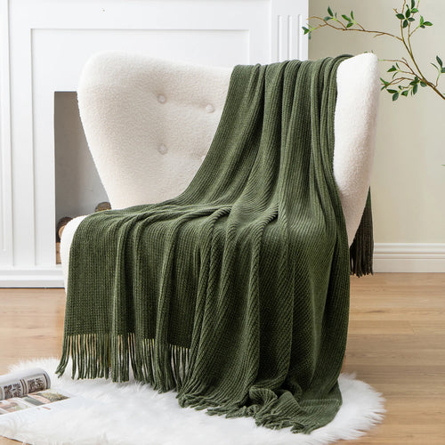 Chenille knit throw with pompoms and checked pattern decor - vue 3 sur 6