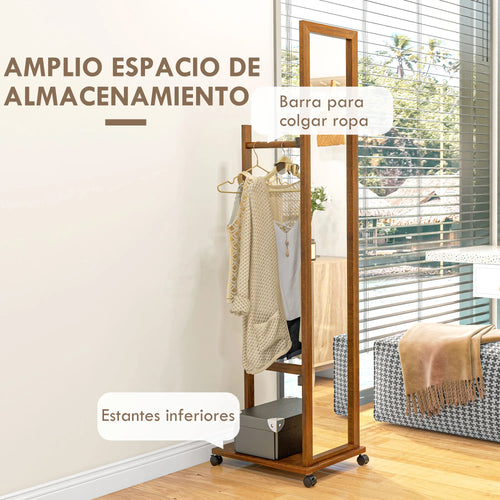 HOMCOM full body mirror with wheels bar shelf 35.5x49.5x167.8 cm Walnut - vue 5 sur 7
