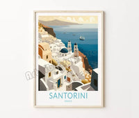 Retro travel poster Santorini castle and island decorative wall art