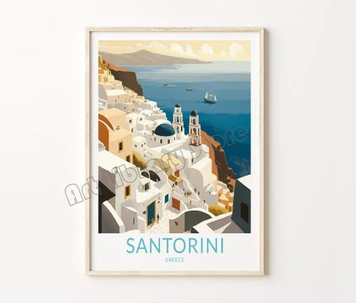 Retro travel poster Santorini castle and island decorative wall art