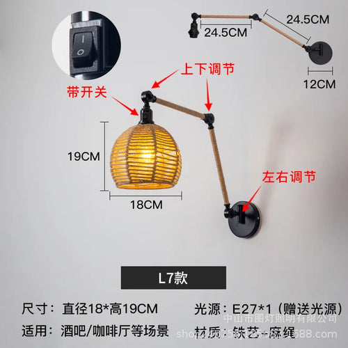 Nordic telescopic wall lamp with adjustable swivel arm and hemp rope - vue 13 sur 22