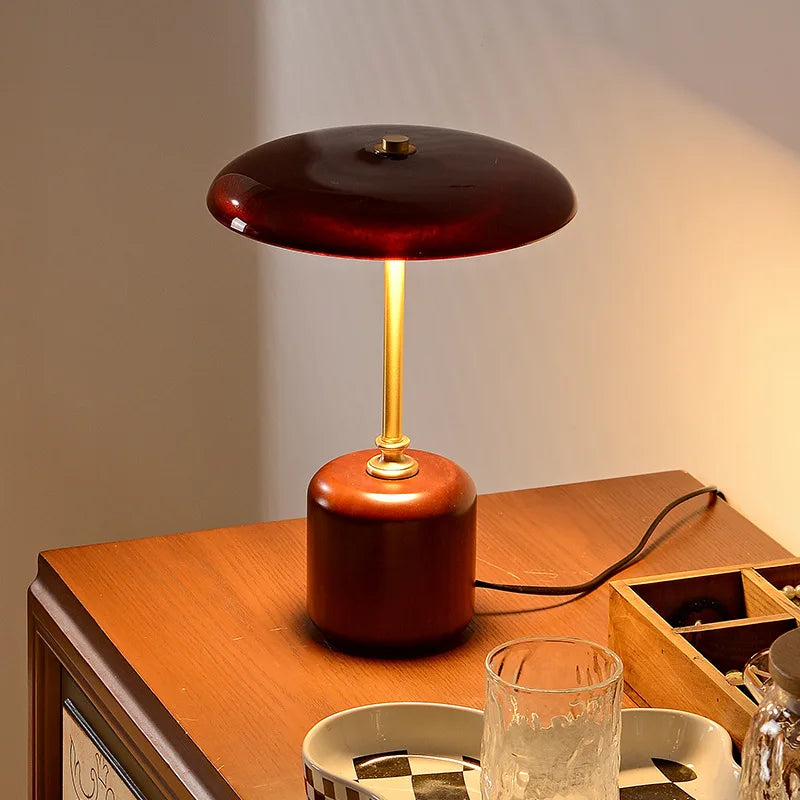 Retro glass, wood and copper designer table lamp