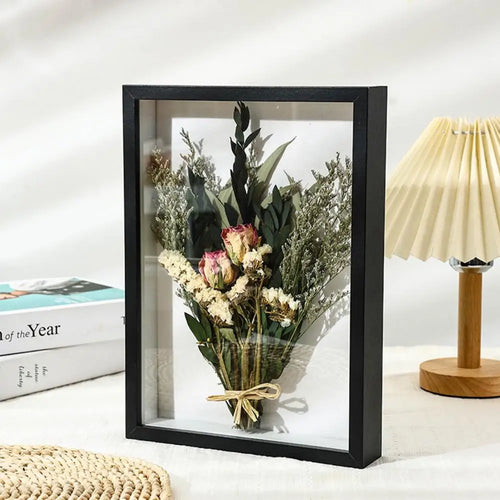 Handmade wooden photo frame with dried flowers and 3D plants - vue 2 sur 10