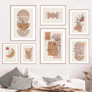art mural boho abstrait visage lune feuilles décoration moderne