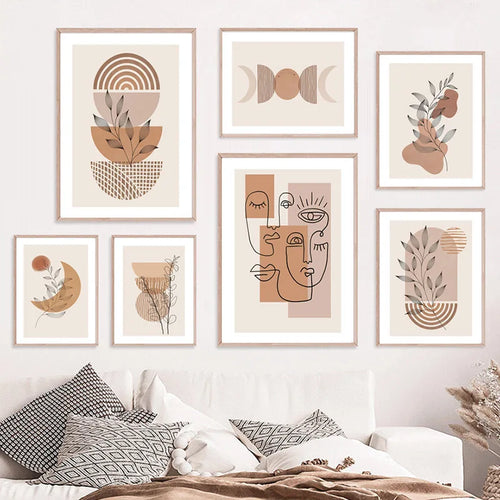 boho wall art abstract face moon leaves modern decor