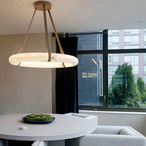 Luxury minimalist LED chandelier in copper and natural marble - vue 6 sur 12