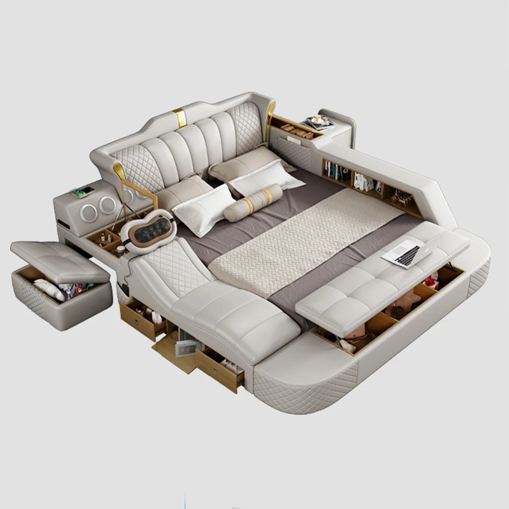 Tech Smart Bed 2 People with King Size Bed Frame Queen, Genuine Leather, Massage, USB, Bluetooth Speaker, and Safe By MINGDIBAO - vue 1 sur 8