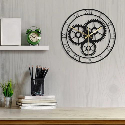 retro silent wall clock with roman numerals and mechanical gears - vue 3 sur 8