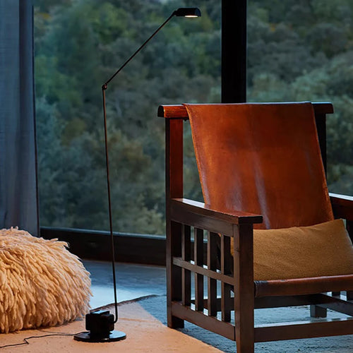 Minimalist LED floor lamp with long metal arm and adapted plug - vue 3 sur 13
