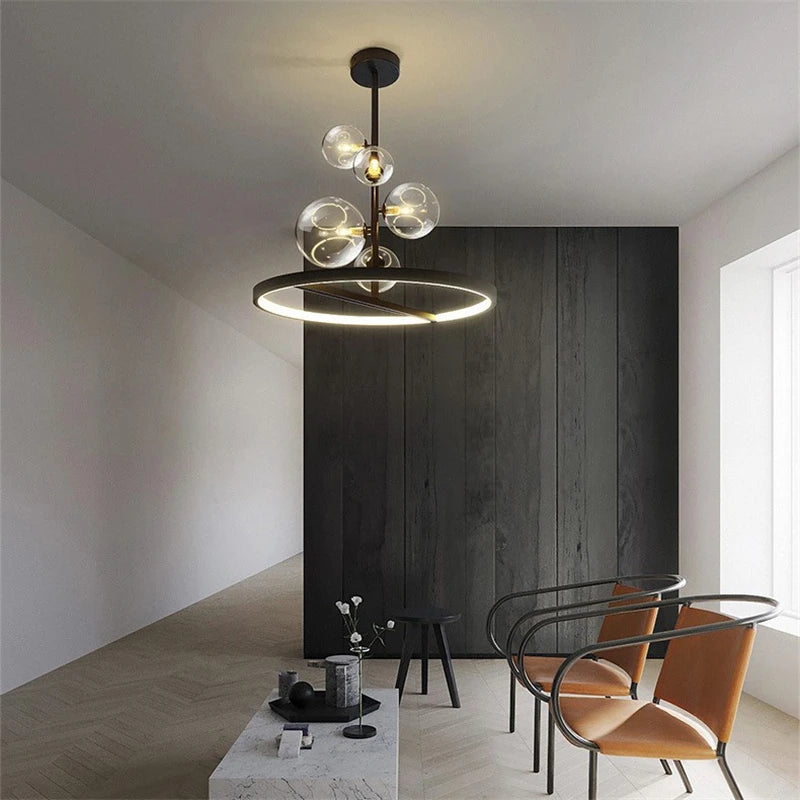 Modern clear glass chandelier with metal bubbles