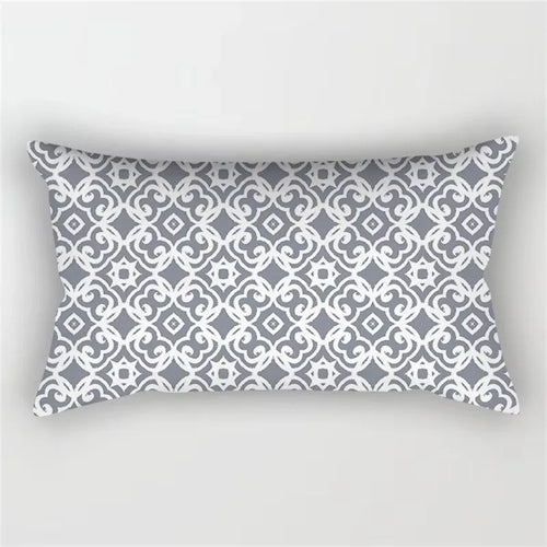 Rectangular decorative patchwork cushion cover with grey geometric design