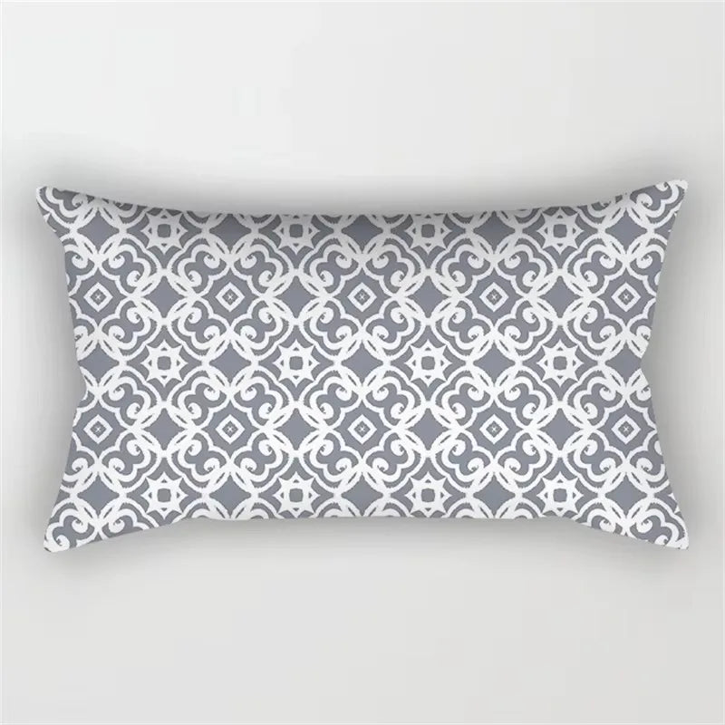 Rectangular decorative patchwork cushion cover with grey geometric design