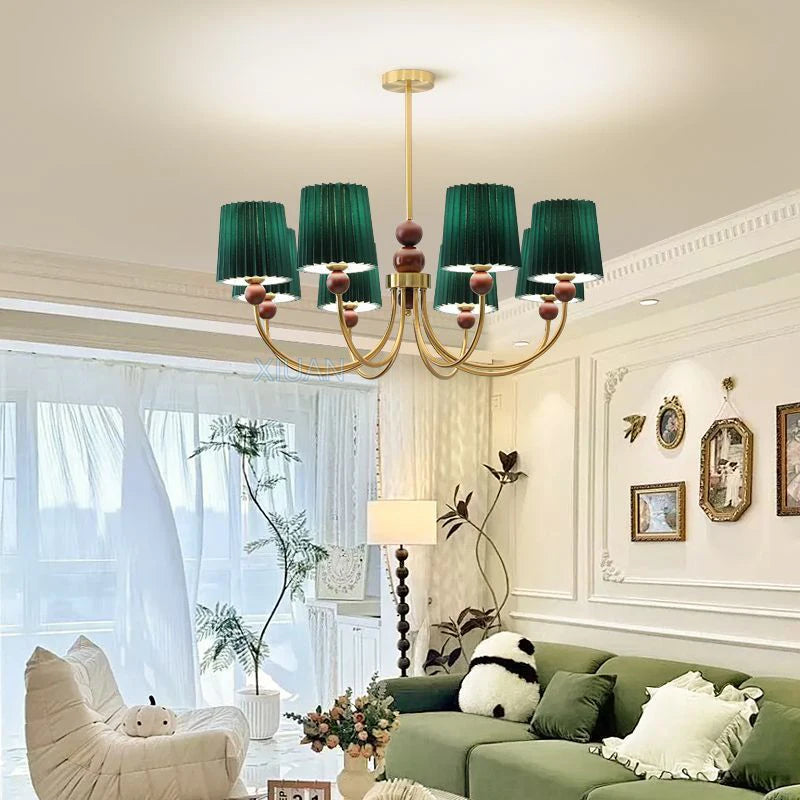 American vintage LED chandelier with pleated fabric and wabi-sabi wood