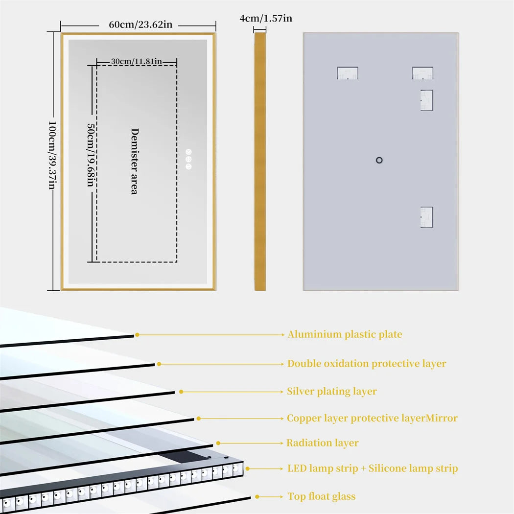 Illuminated mirror with gold frame and three-colour dimmable anti-fog LED lights - vue 9 sur 11