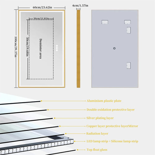 Illuminated mirror with gold frame and three-colour dimmable anti-fog LED lights - vue 10 sur 11