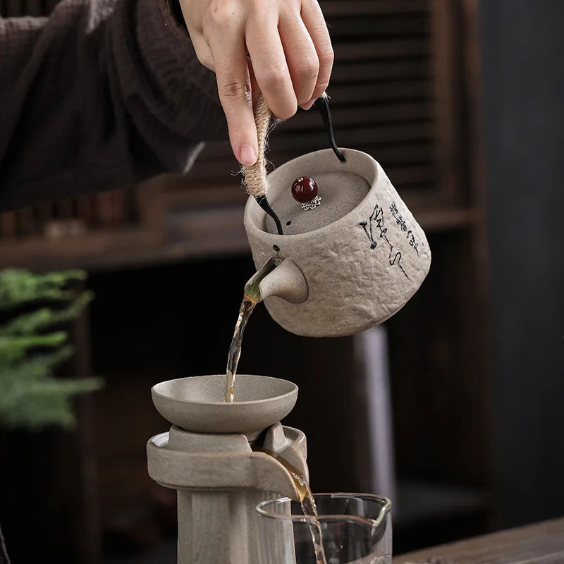 Retro Japanese kungfu ceramic textured tea set - vue 5 sur 7