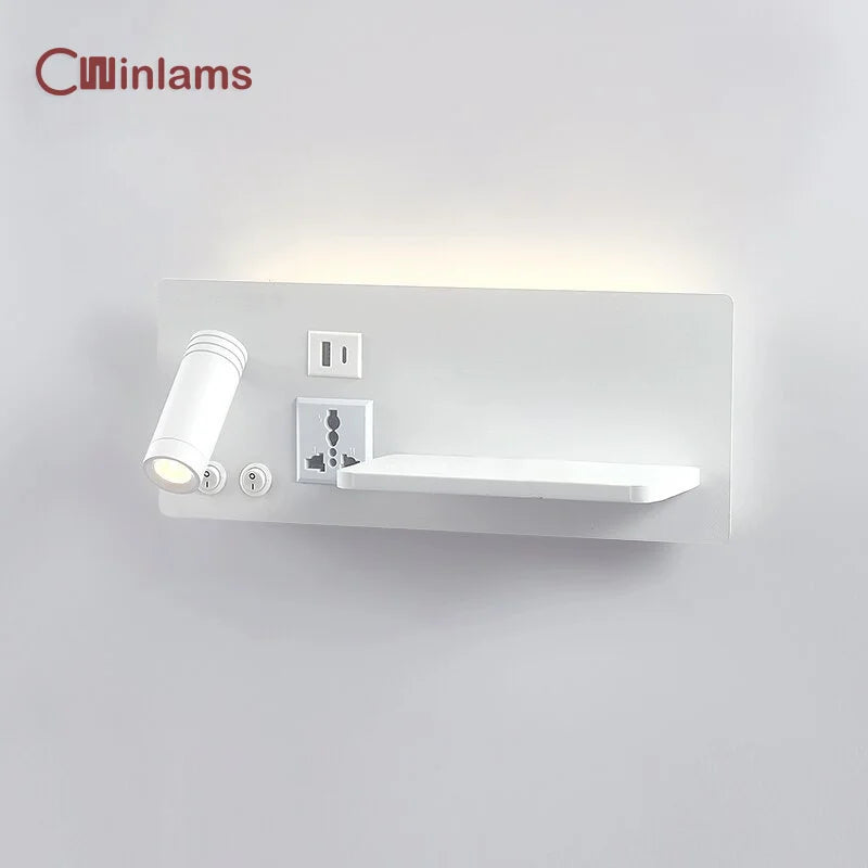 Bedside wall lamp with wireless USB type-c charging and rotating spotlight