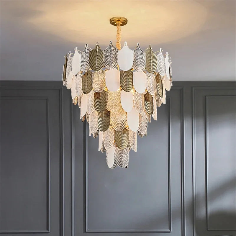 Luxury postmodern LED chandelier E14 for living room, villa lobby, glass long pendant