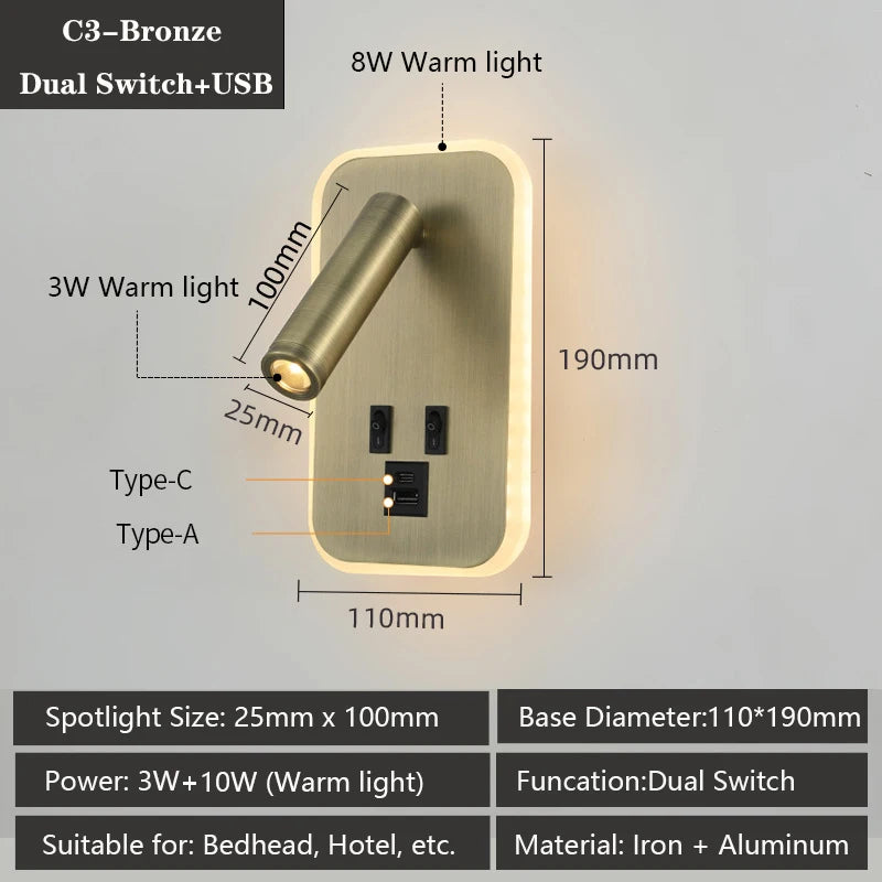 Modern LED wall light with USB ports and adjustable reading lamps - vue 11 sur 16