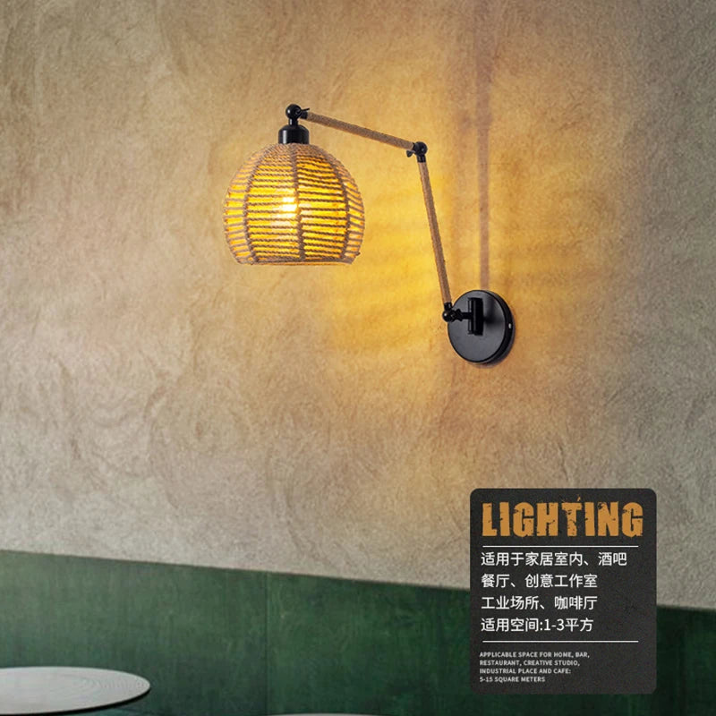 Nordic telescopic wall lamp with adjustable swivel arm and hemp rope - vue 4 sur 22