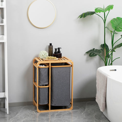 HOMCOM bamboo laundry hamper 3 removable fabric bags 50x32x69.7 cm - vue 3 sur 7