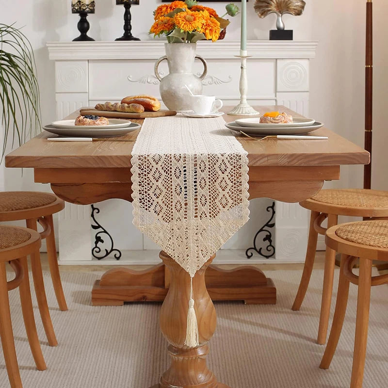Boho crochet lace table runner with ecru tassels