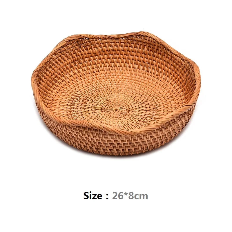 HeMu-Round Rattan Woven Basket, Wicker Fruit Basket, Bread Food, Kitchen Home Decor, Organizer Breadbasket for Kitchen - vue 6 sur 13