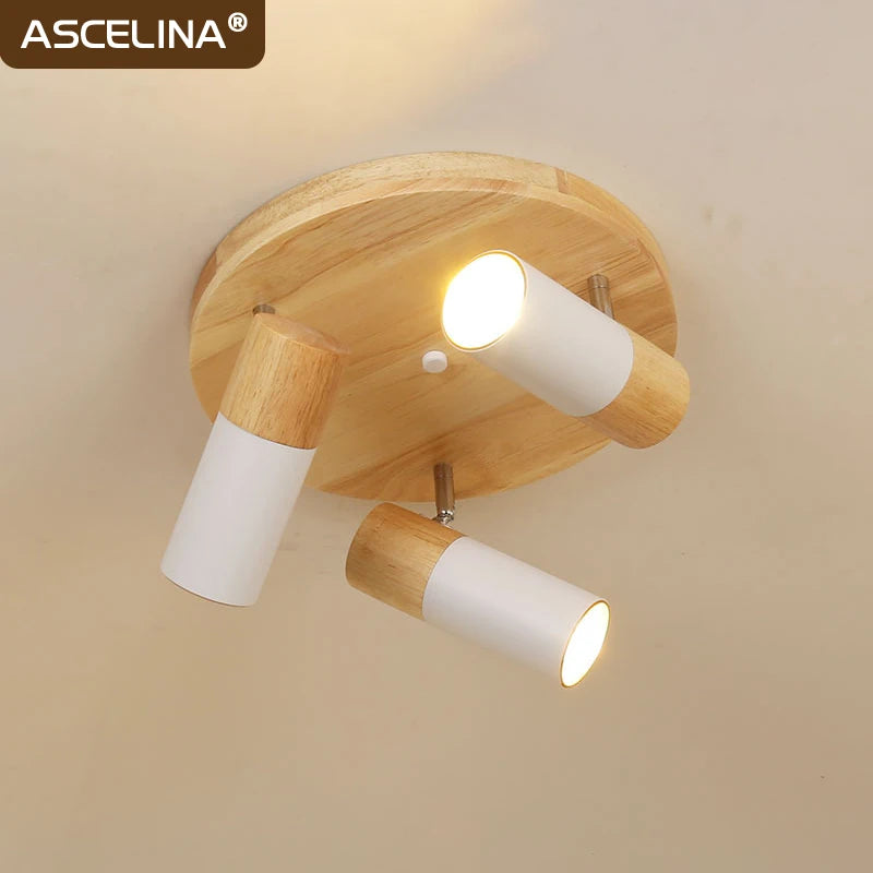 Nordic wooden LED ceiling light with rotatable multihead decorative indoor design