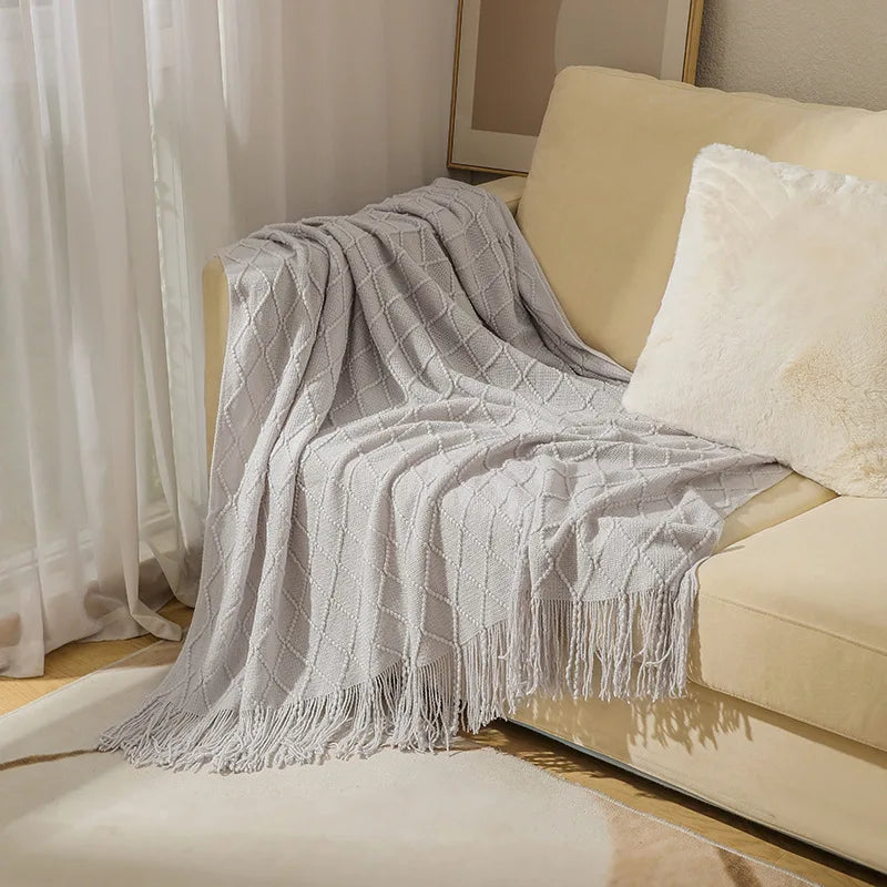 Soft nordic-style textured check knitted throw