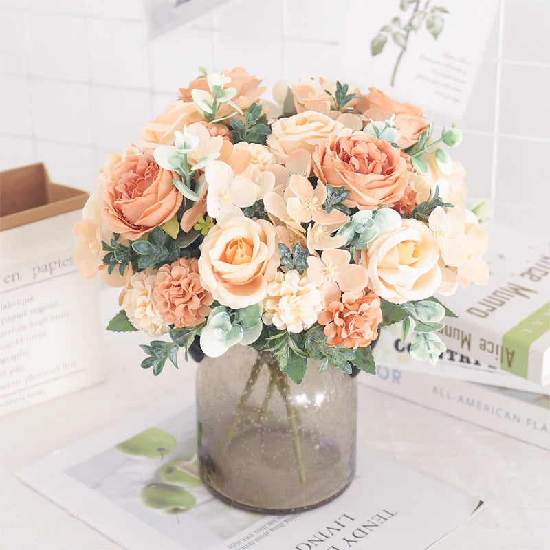 Artificial silk peony and hydrangea bouquet for wedding and home decoration - vue 5 sur 40