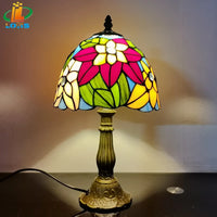 Scandinavian stained glass table lamp with antique metal