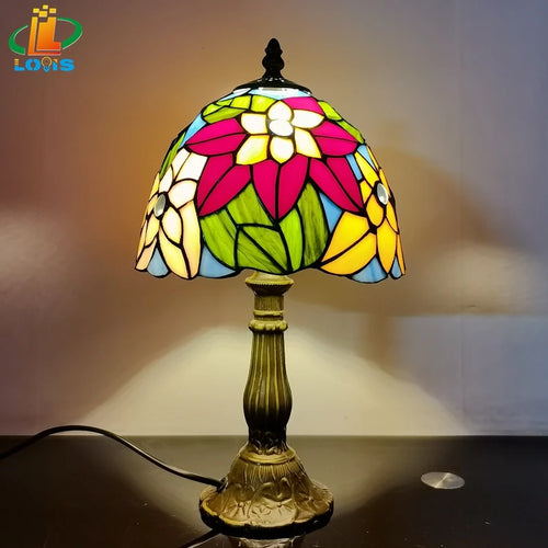 Scandinavian stained glass table lamp with antique metal