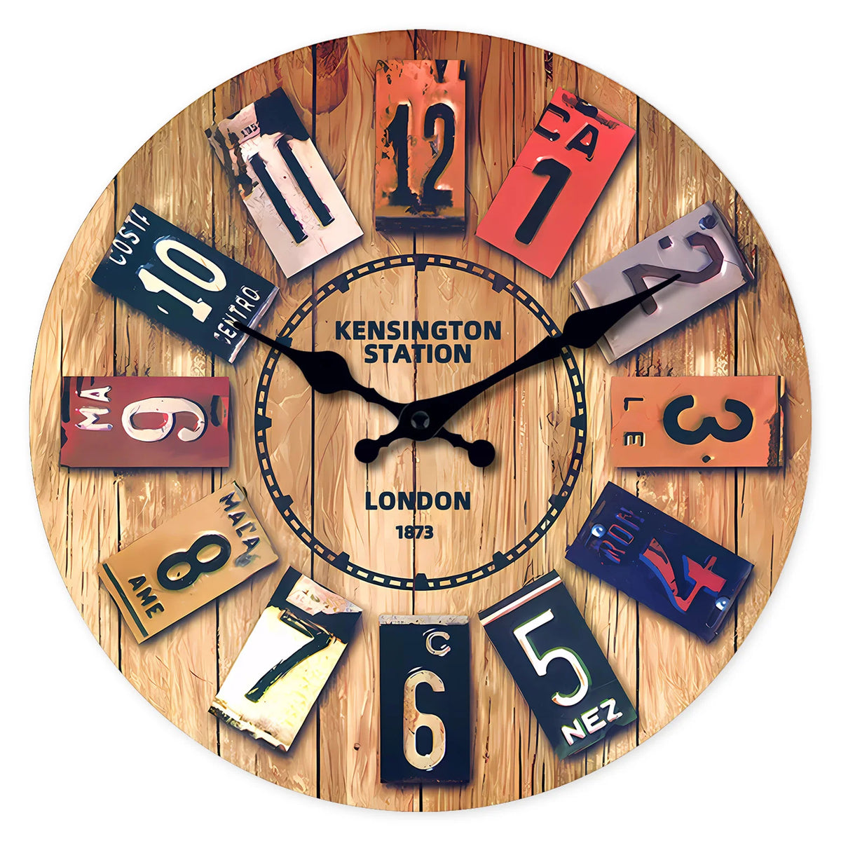 A Creative Retro Wooden Density Board Veneer Decorative Wall Clock, 1873 London Kaiston Station Element Pattern Design Wall Clock, Silent Silent Quartz Clock, Living Room Bedroom, Room Decoration, Mental Home Decoration, Birt