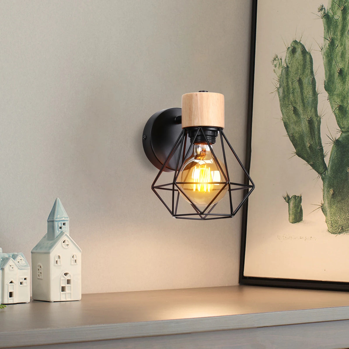 Vintage loft style wooden wall light modern indoor lighting - vue 5 sur 14