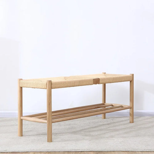 Nordic solid wood bench with braided rope simple design - vue 2 sur 6