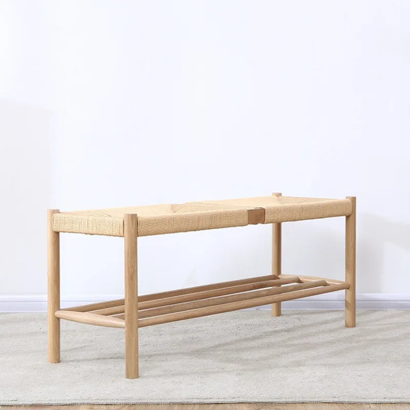 Nordic solid wood bench with braided rope simple design