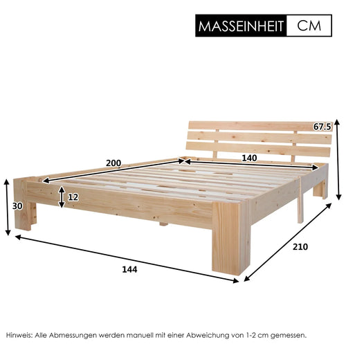 EU STOCK Wooden bed Double bed, headboard, slatted grid -200 x 140cm solid wood FSC Solid wood double bed