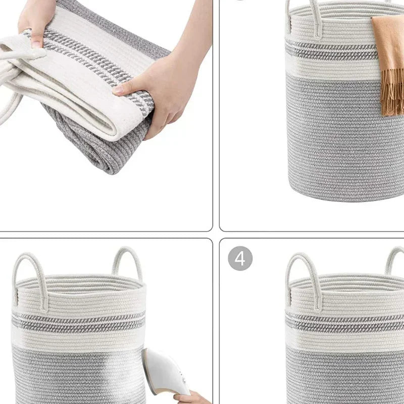 large woven laundry basket with cotton handles foldable - vue 6 sur 10