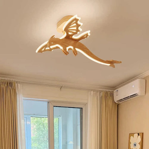 Nordic natural wood dragon LED ceiling light for children - vue 4 sur 7