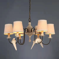 Vintage American wooden chandelier with fabric birds