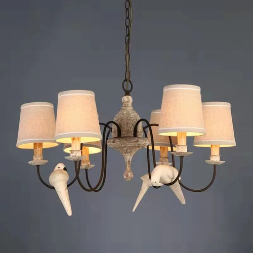 Vintage American wooden chandelier with fabric birds