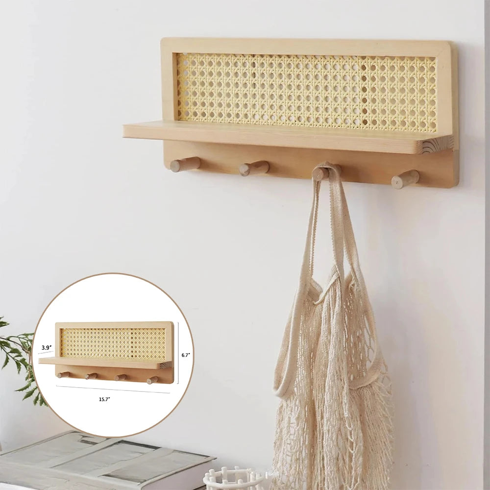 Bohemian style rattan and wood wall shelf with decorative hooks